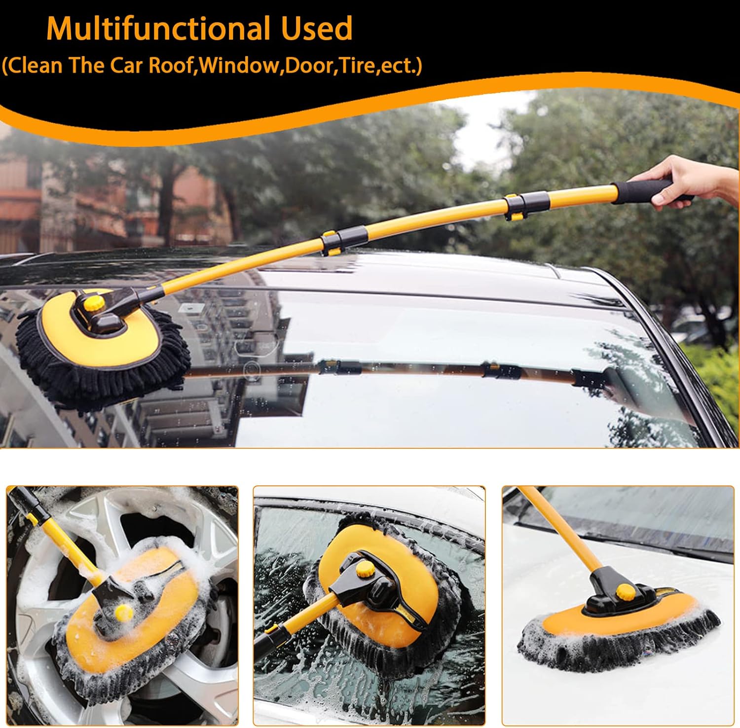15° Curved Car Cleaning Brush with Telescopic Handle 43 Aluminum Alloy Long Rod Wash Mop For Washing Caravan Van Truck Boat RV Roof Soft Chenille Head Duster Clean Product Not Hurt Paint Scratch Free
